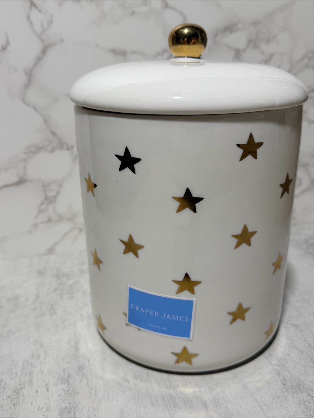 Americana Draper James White Ceramic Canister with Gold Star Accents 6.5”
